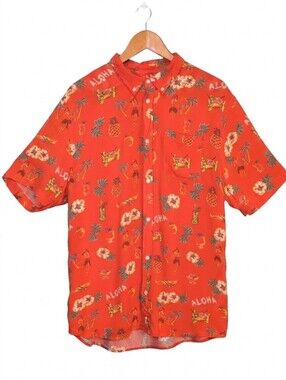 Amnesia Mens Orange Hawaiian Aloha Rayon Button Up Shirt Size Large West49
